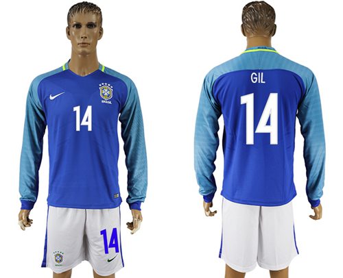 Brazil #14 GIL Away Long Sleeves Soccer Country Jersey - Click Image to Close